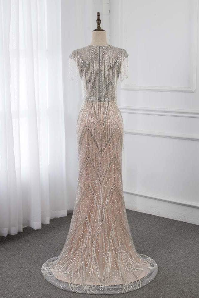 Luxury V-Neck Silver Mermaid Prom Dresses with Crystals On Sale - Fashionpara