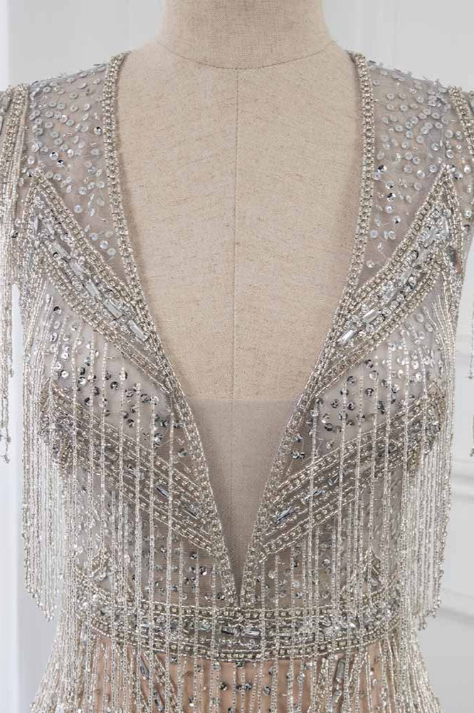 Luxury V-Neck Silver Mermaid Prom Dresses with Crystals On Sale - Fashionpara
