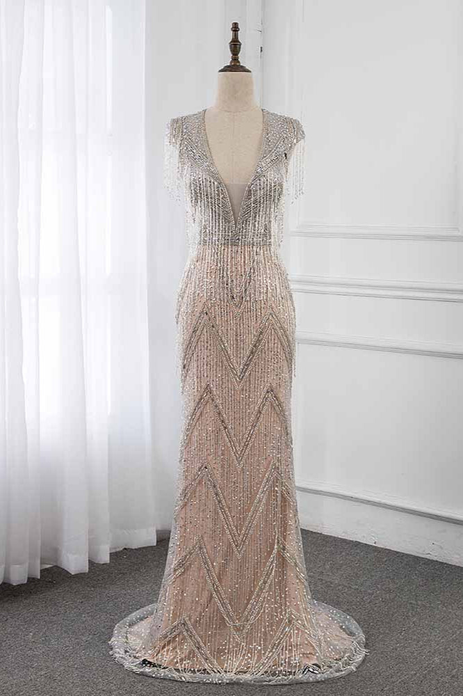 Luxury V-Neck Silver Mermaid Prom Dresses with Crystals On Sale - Fashionpara
