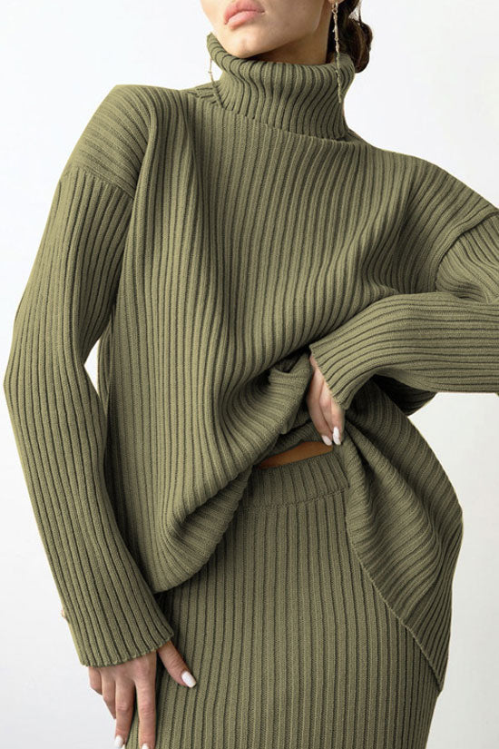 Rosedress Oversized Rib Knit Turtleneck Midi Dress Set