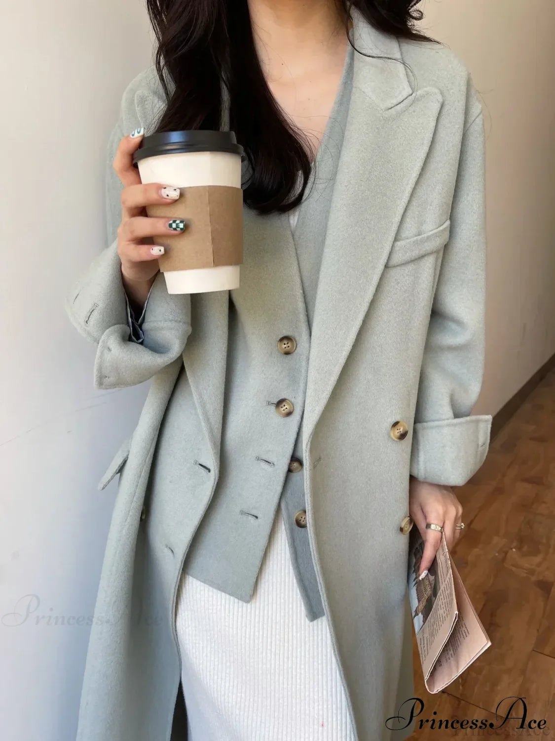 Luxury Wool Cashmere Double-Sided Overcoat Light Blue / One Size