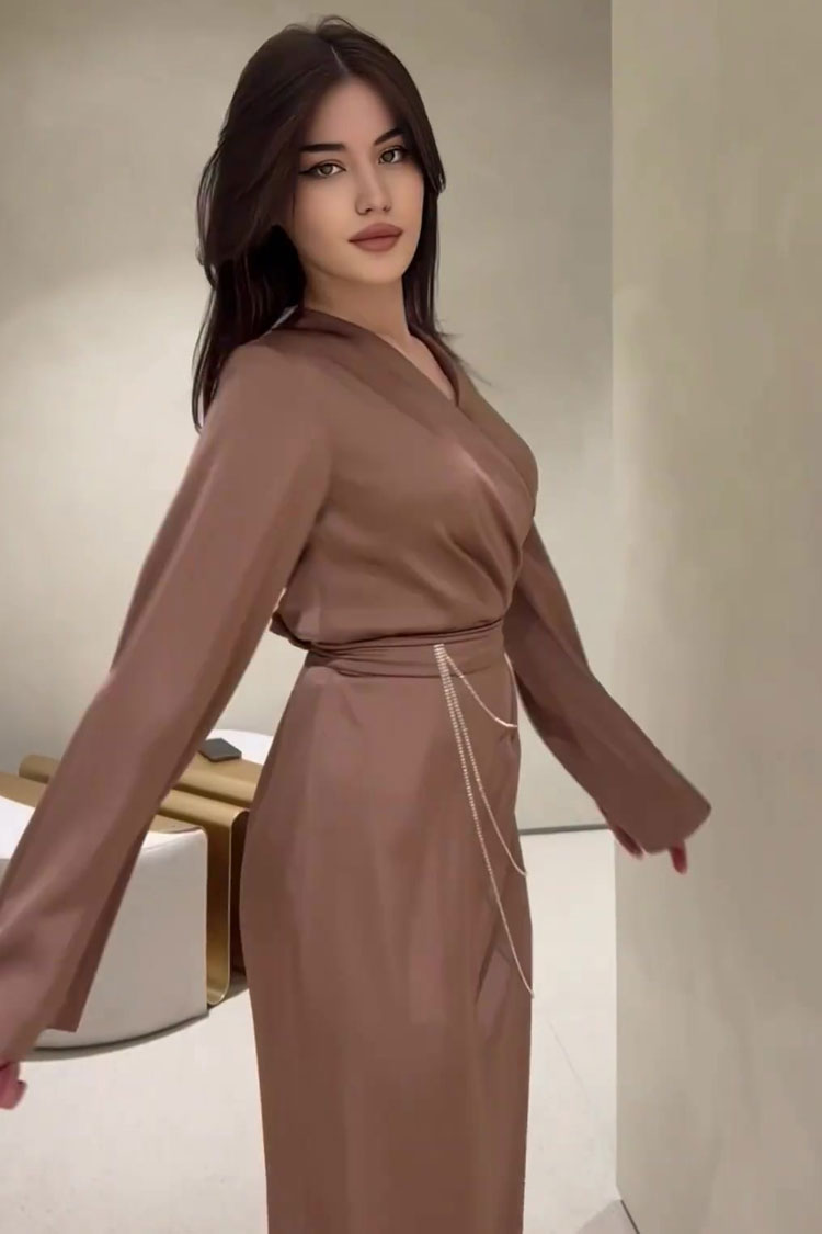 Luxury Wrap V Neck Rhinestone Chain Belted Silky Satin Maxi Dress - Brown  Fashionpara