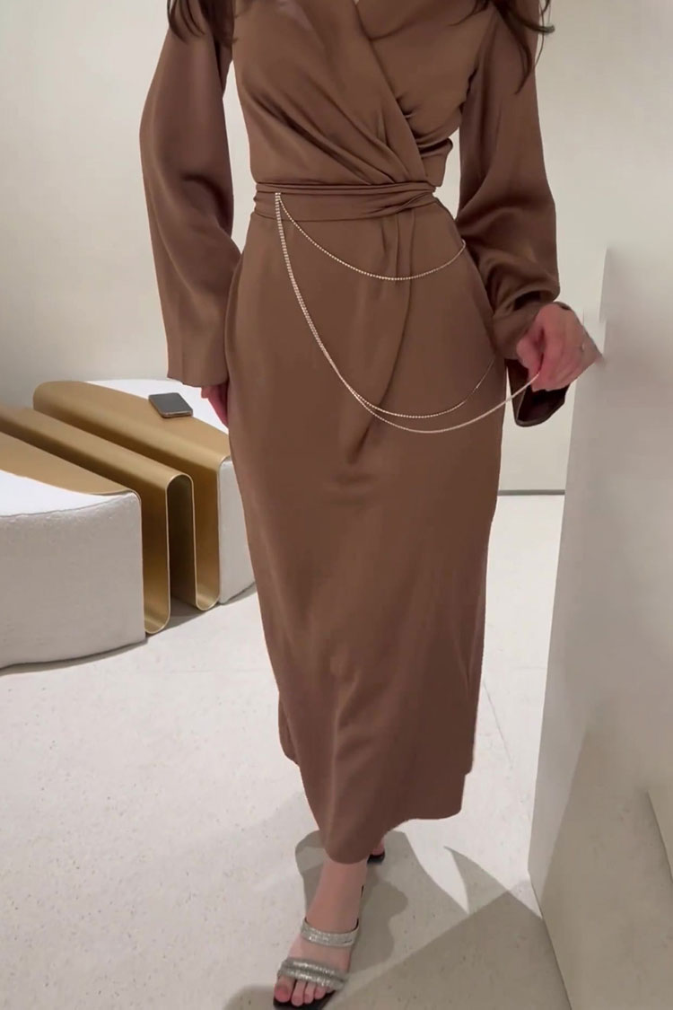 Luxury Wrap V Neck Rhinestone Chain Belted Silky Satin Maxi Dress - Brown  Fashionpara