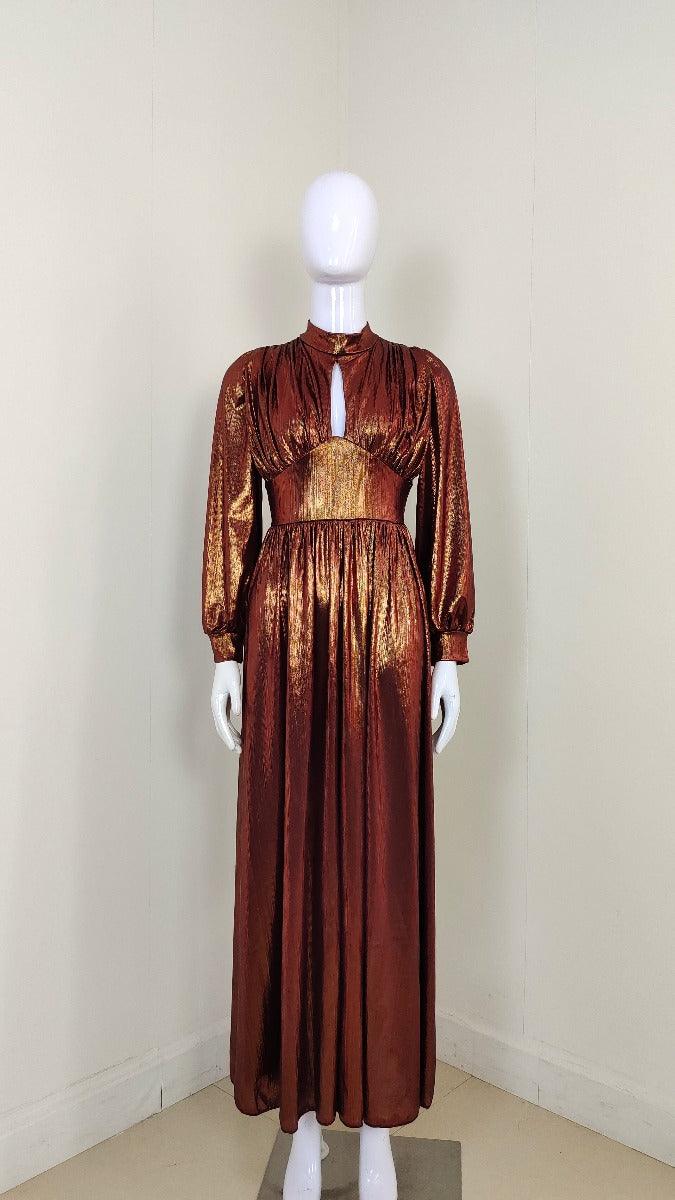 Shimmer High Neck Long Sleeve Ruched Slit Maxi Gown