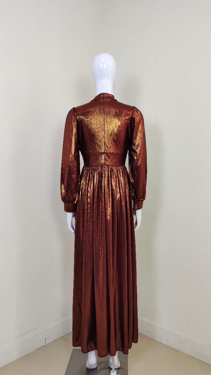 Shimmer High Neck Long Sleeve Ruched Slit Maxi Gown