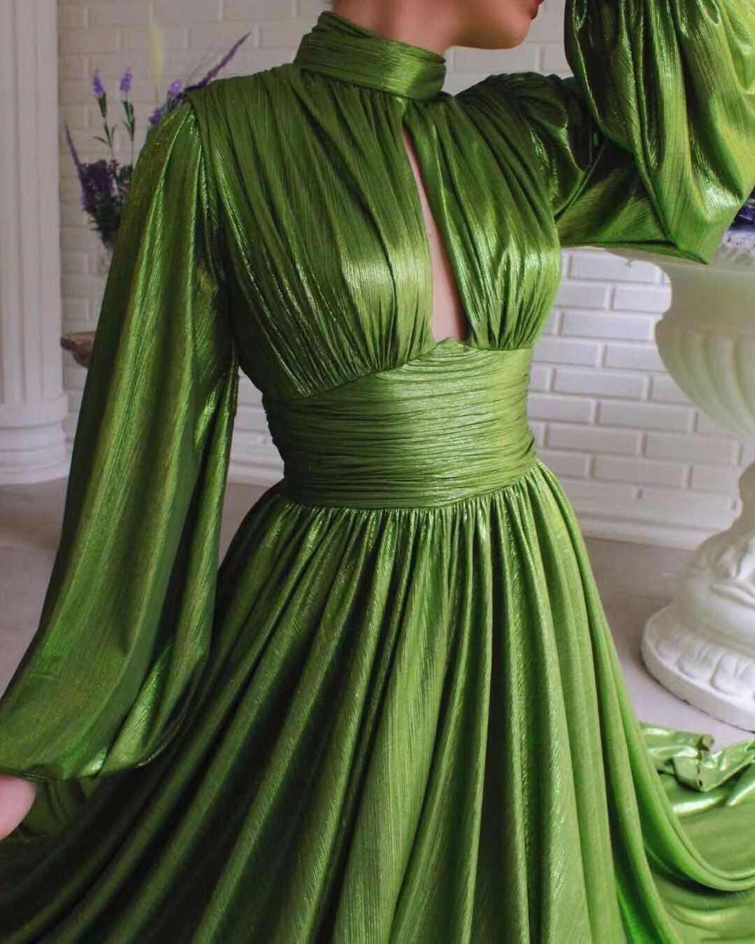 Shimmer High Neck Long Sleeve Ruched Slit Maxi Gown