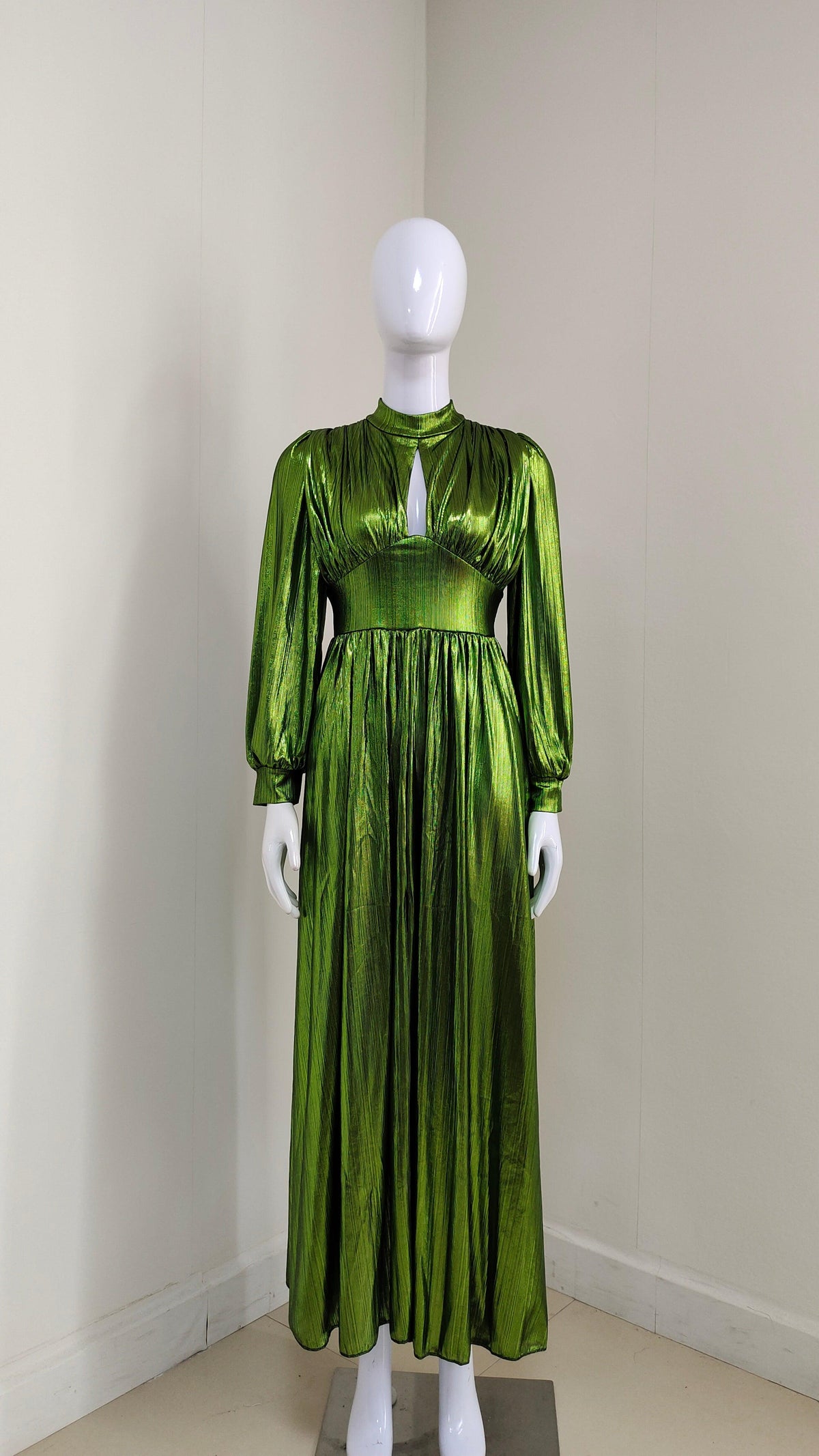 Shimmer High Neck Long Sleeve Ruched Slit Maxi Gown