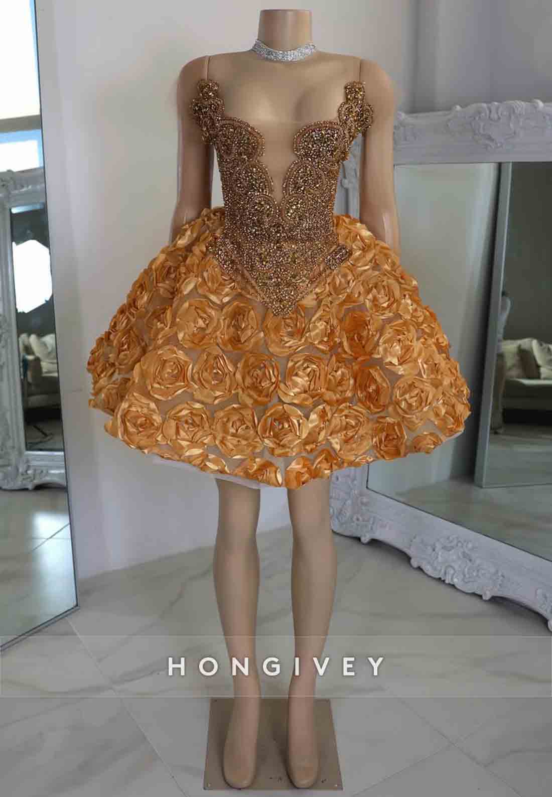 Ball Gown Flowers Beading Scalloped Neck Short Homecoming Dresses