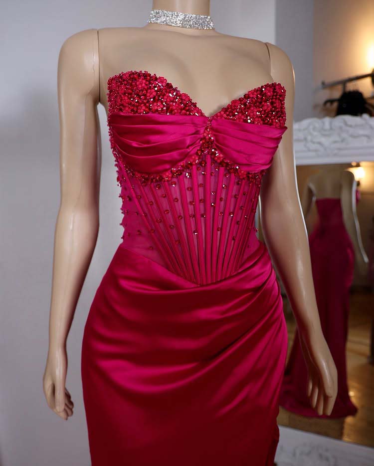 Spaghetti Straps Sweetheart Seeleveless Sheath High Split Pleated Satin Prom Dress with Beads Evening Dress