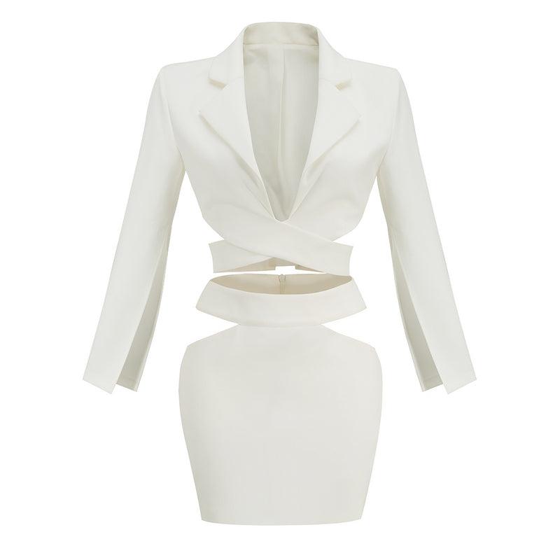 KittenAlarm - Lyvia Slit Sleeve Blazer Crop Top & Hollow Out Skirt Set