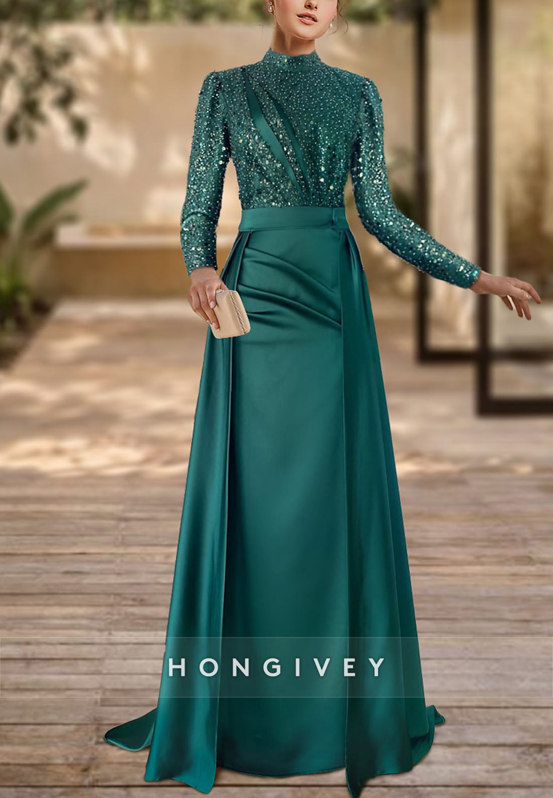 Satin Floor-Length Long Sleeve Evening Gown High Neck Pleated Detachable Formal Dresses