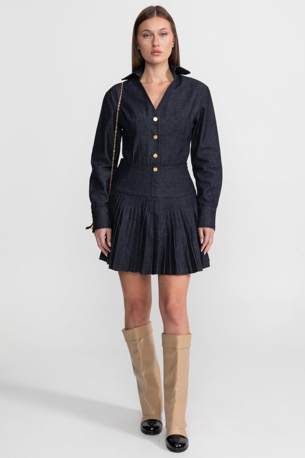 Denim Long Sleeve Collared V-Neck Metallic Button Pleated Mini Dress - View 2