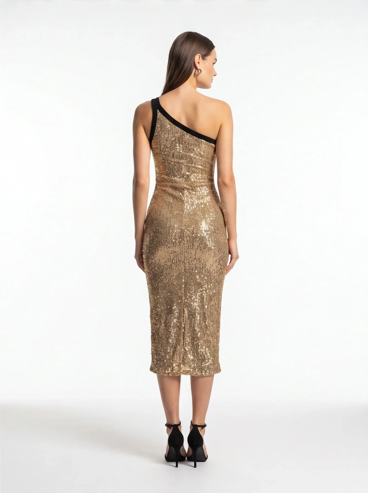 Sequin One Shoulder Bodycon Midi Dress in Gold - View 5