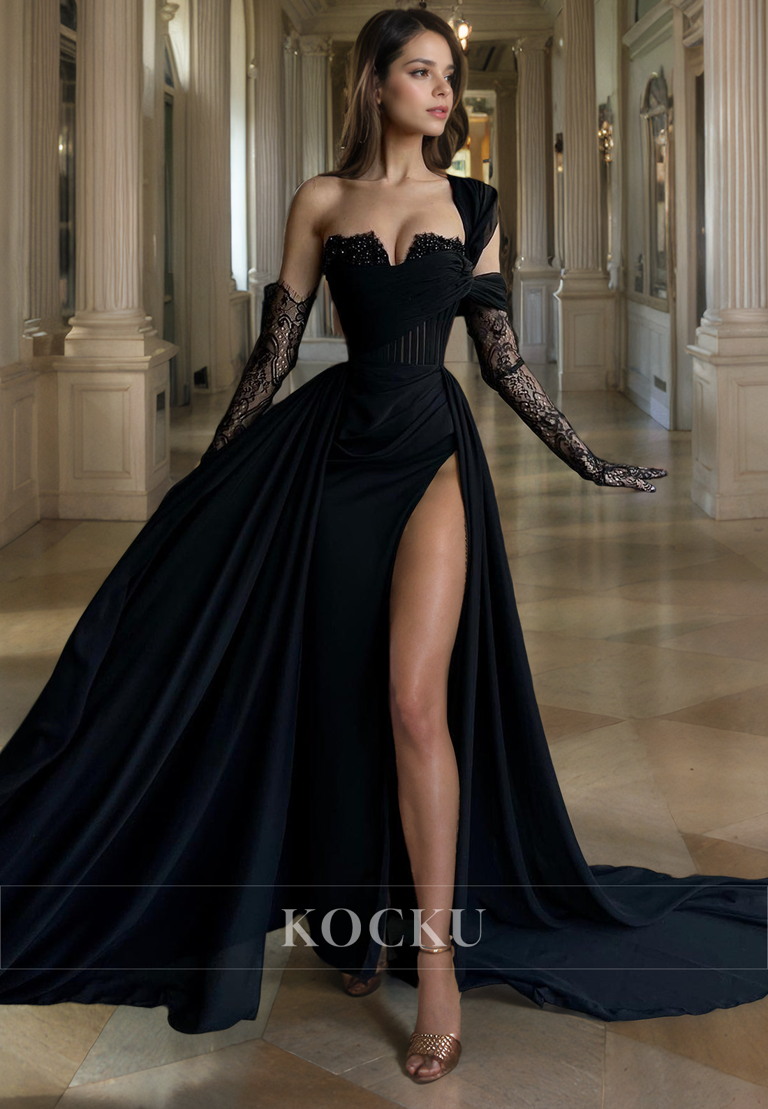 Chic & Modern One Shoulder Sweetheart Sheath Pleats Chiffon Evening Party Prom Dress with Long Gloves