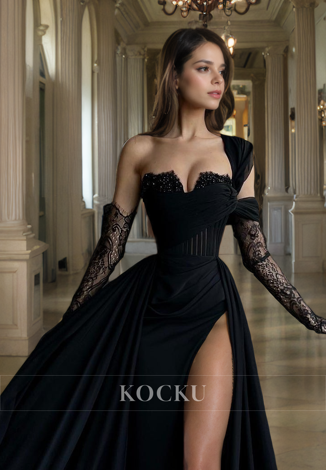 Chic & Modern One Shoulder Sweetheart Sheath Pleats Chiffon Evening Party Prom Dress with Long Gloves