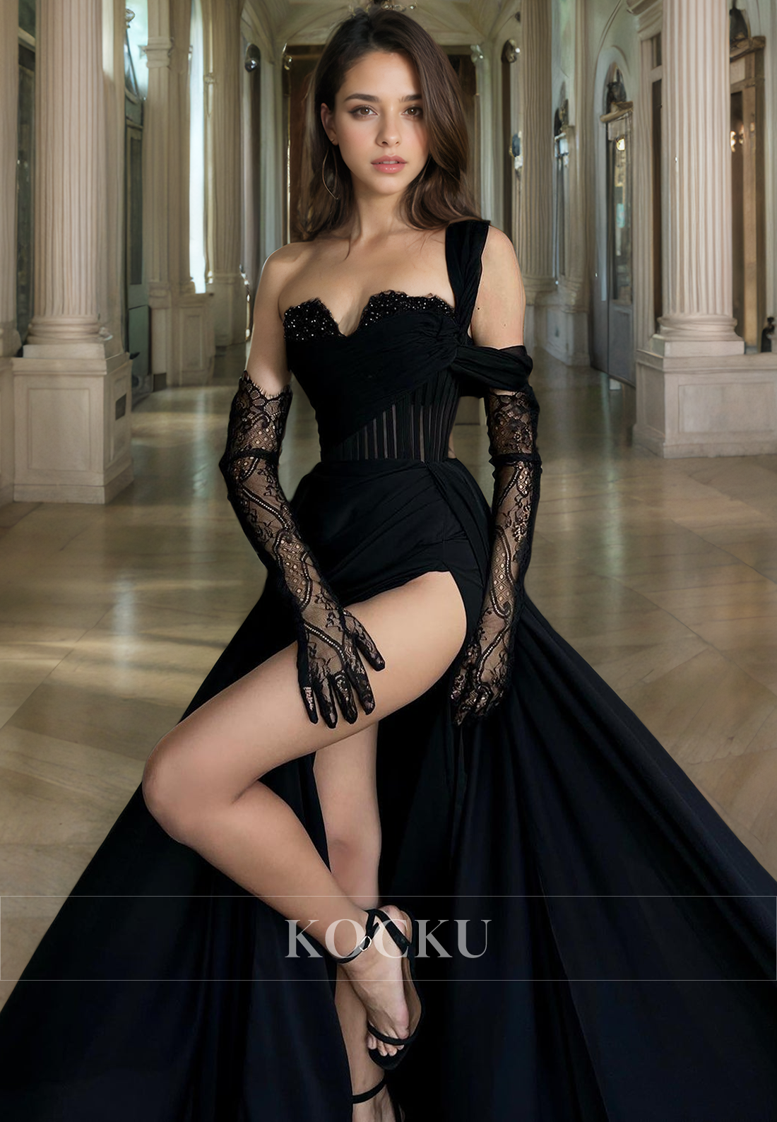 Chic & Modern One Shoulder Sweetheart Sheath Pleats Chiffon Evening Party Prom Dress with Long Gloves