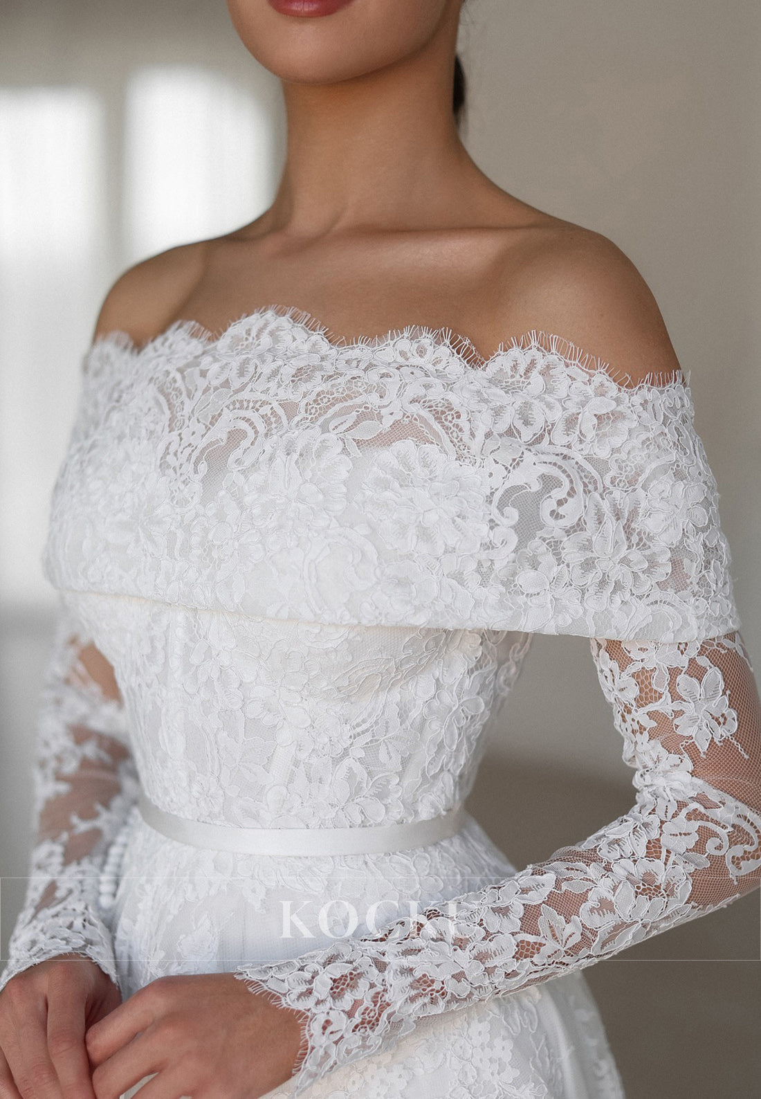 Elegant Off - Shoulder Lace Wedding Dress with Sheer Long Sleeves and Train