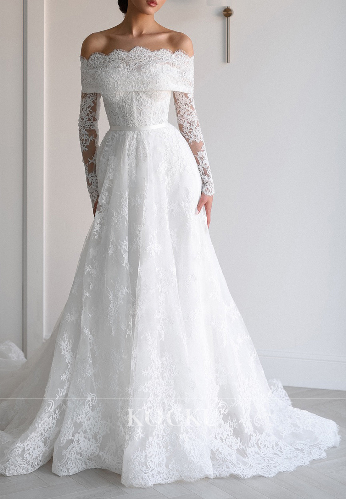 Elegant Off - Shoulder Lace Wedding Dress with Sheer Long Sleeves and Train