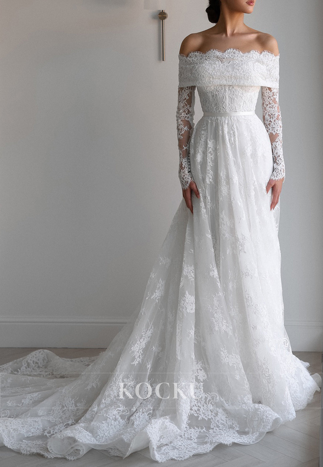 Elegant Off - Shoulder Lace Wedding Dress with Sheer Long Sleeves and Train