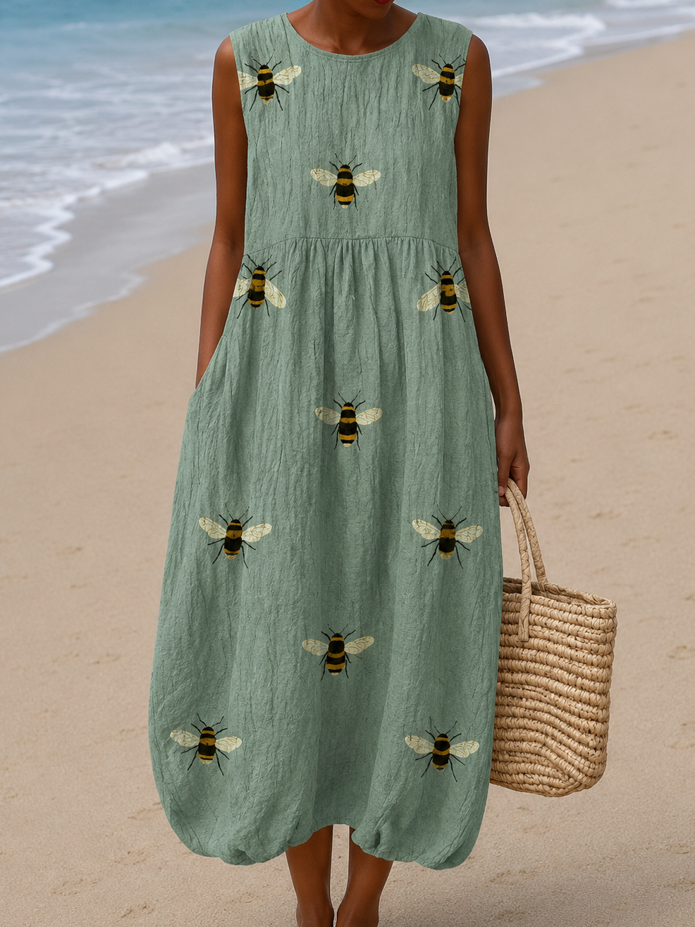 Bee Print Crew Neck Sleeveless Midi Dress