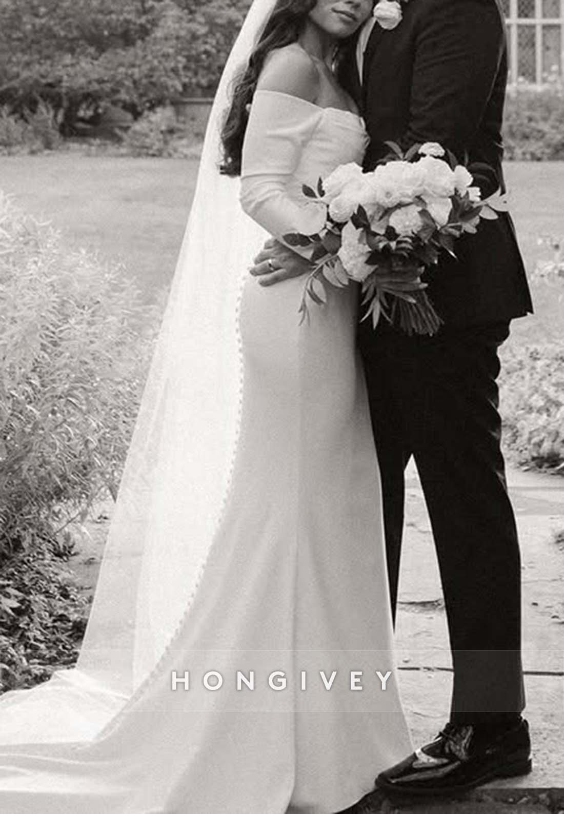 Off the Shoulder Pleated Trumpet Court Train Long Sleeve Wedding Dresses
