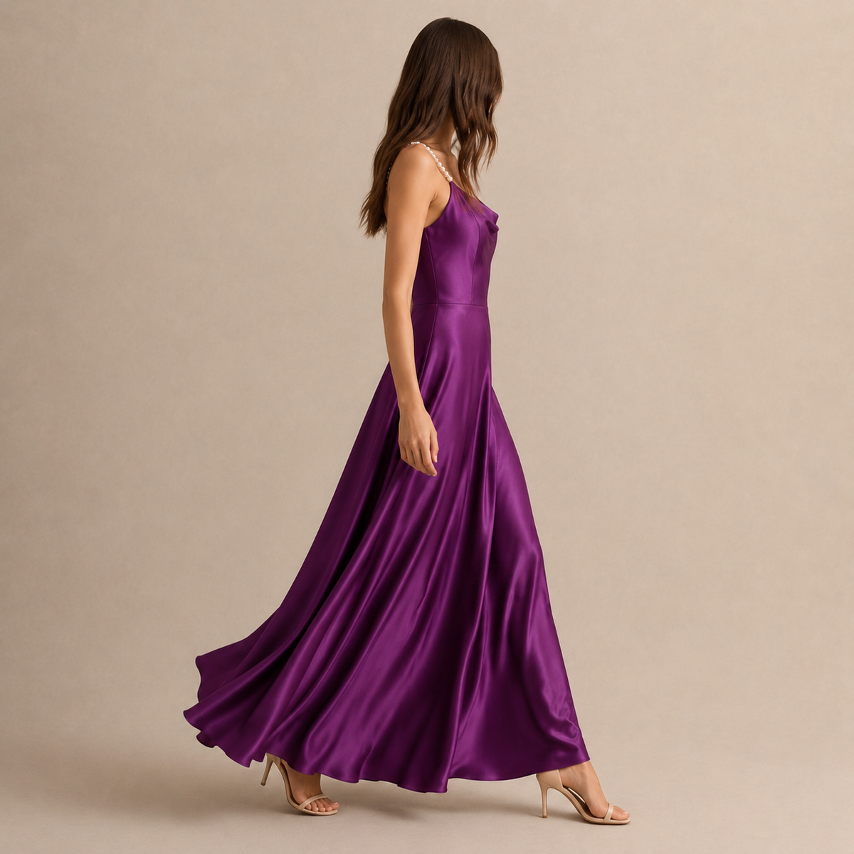Cowl Neck Pearl Strap Satin Maxi Dress 24