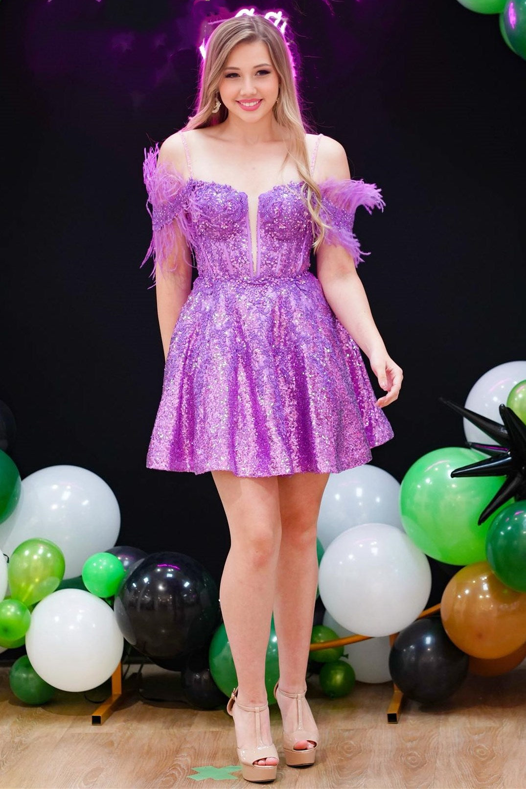Magenta Sequin Feathered Cold-Shoulder A-Line Short Homecoming Dress - Fashionpara