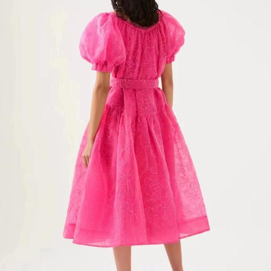 KittenAlarm - Magnolia Puff Sleeve Scoop Neck Floral Pleated Midi Dress