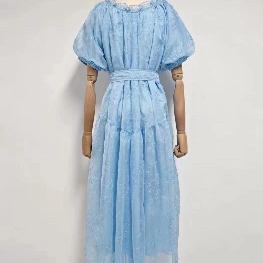KittenAlarm - Magnolia Puff Sleeve Scoop Neck Floral Pleated Midi Dress