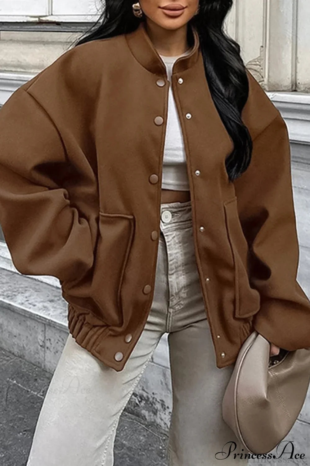 Maillard Brown Thickened Mid-Length Stand-Collar Woolen Jacket