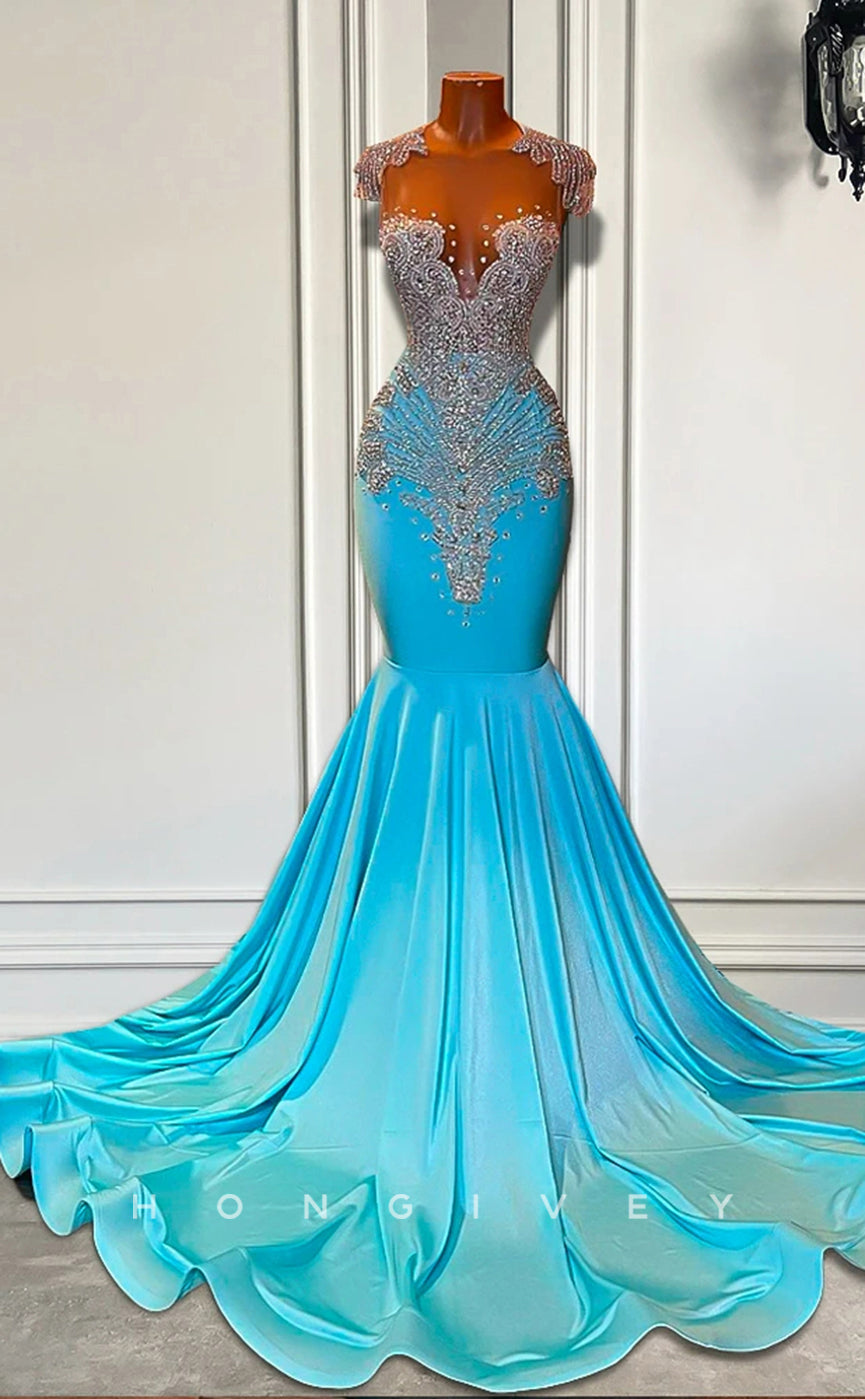 L2899 - Sparkly Trumpet Round Beaded Appliques Party Prom Evening Dress For Black Women - Fashionpara