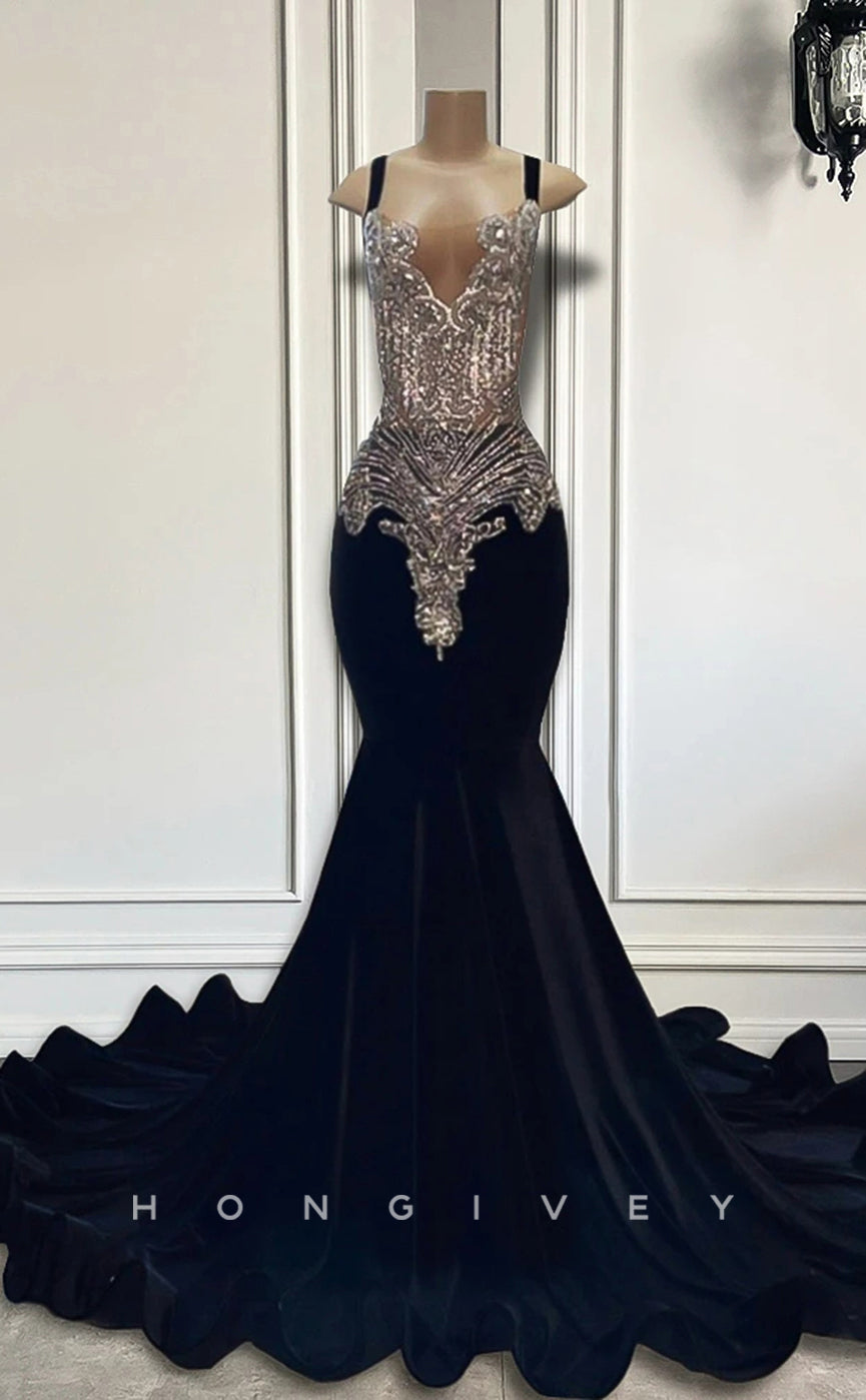 L2895 - Trumpet Bateau Spaghetti Straps Beaded Appliques Party Prom Evening Dress For Black Women - Fashionpara