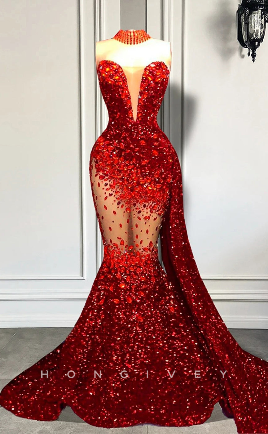 L2898 - Sweetheart Strapless Beaded Illusion With Train Party Prom Evening Dress For Black Women - Fashionpara