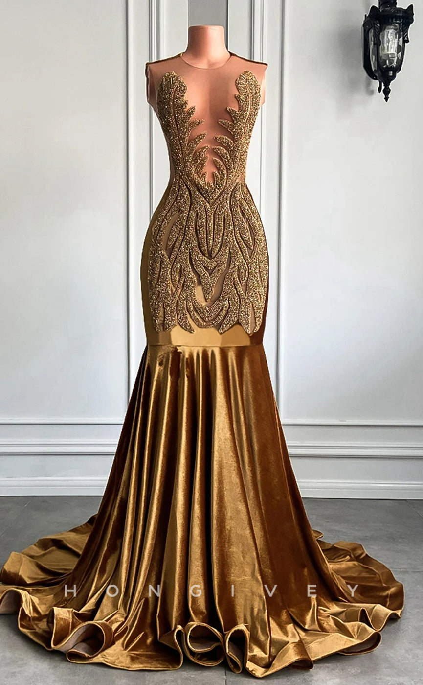 L2897 - Sheer Round Beaded Trumpet Party Prom Evening Dress For Black Women - Fashionpara