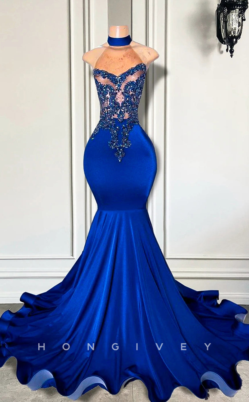 L2901 - High Neck Sleeveless Illusion Beaded Appliques Party Prom Evening Dress For Black Women - Fashionpara