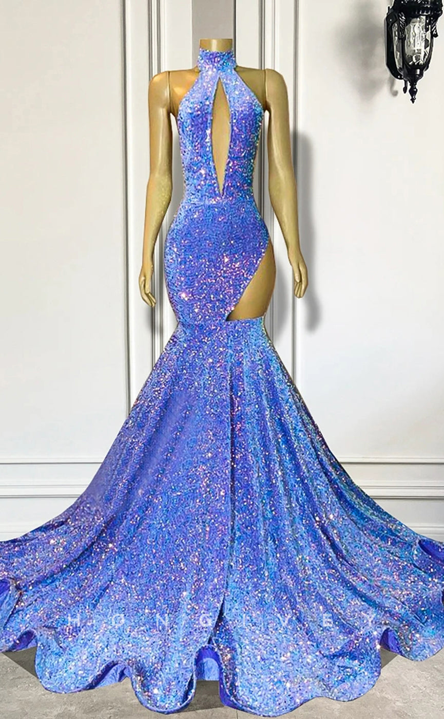L2902 - High Neck Sleeveless Illusion Sequined Trumpet Party Prom Evening Dress For Black Women - Fashionpara