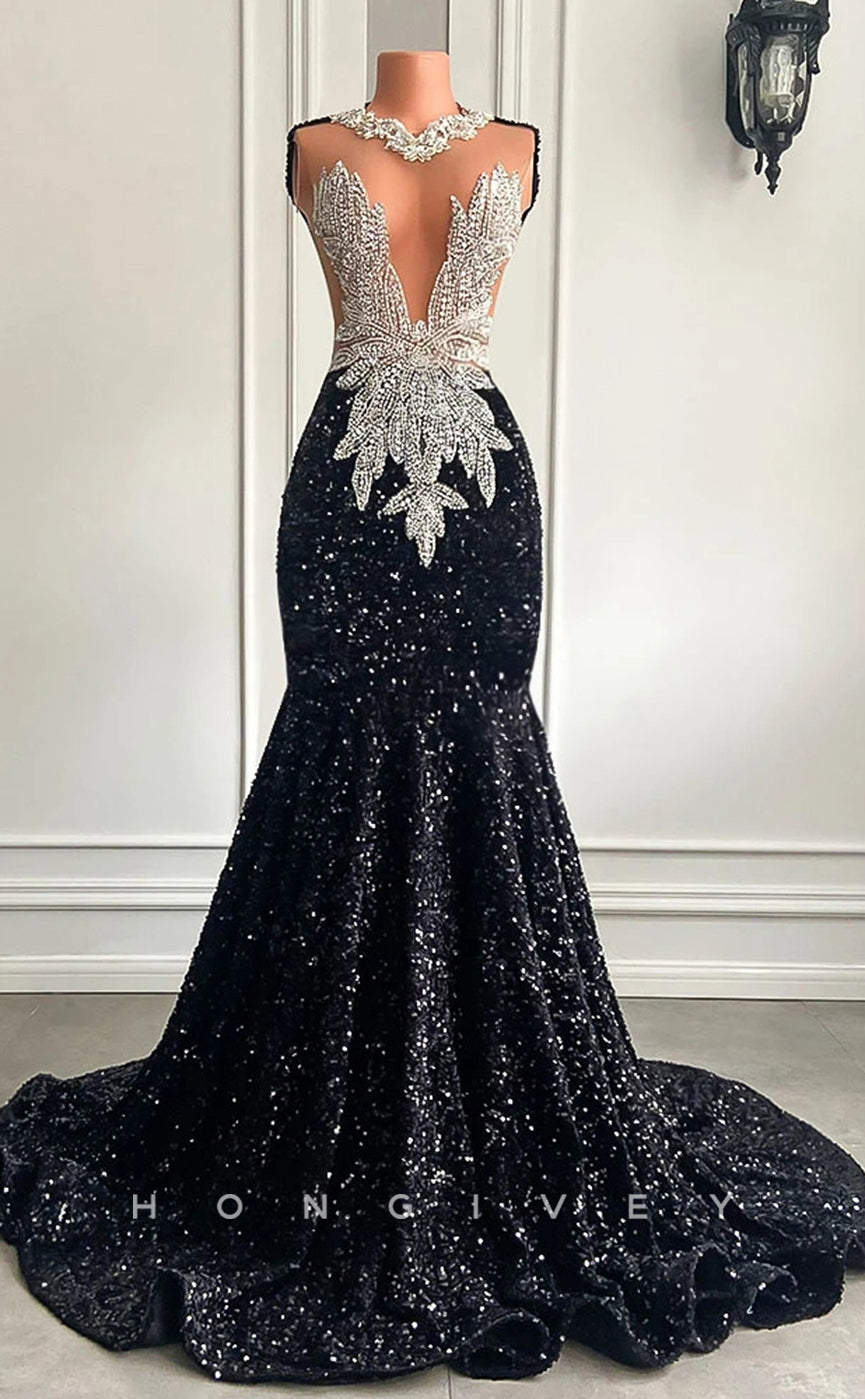 L2905 - Chic Trumpet Illusion Beaded Sequined Party Prom Evening Dress For Black Women - Fashionpara
