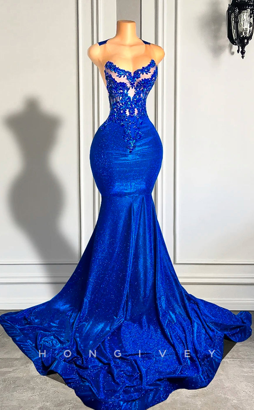 L2900 - Scoop Illusion Beaded Sleeveless Trumpet Party Prom Evening Dress For Black Women - Fashionpara
