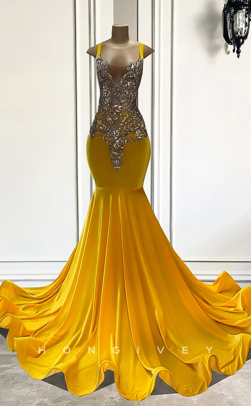 L2903 - Bateau Spaghetti Straps Beaded Appliques Trumpet Party Prom Evening Dress For Black Women - Fashionpara