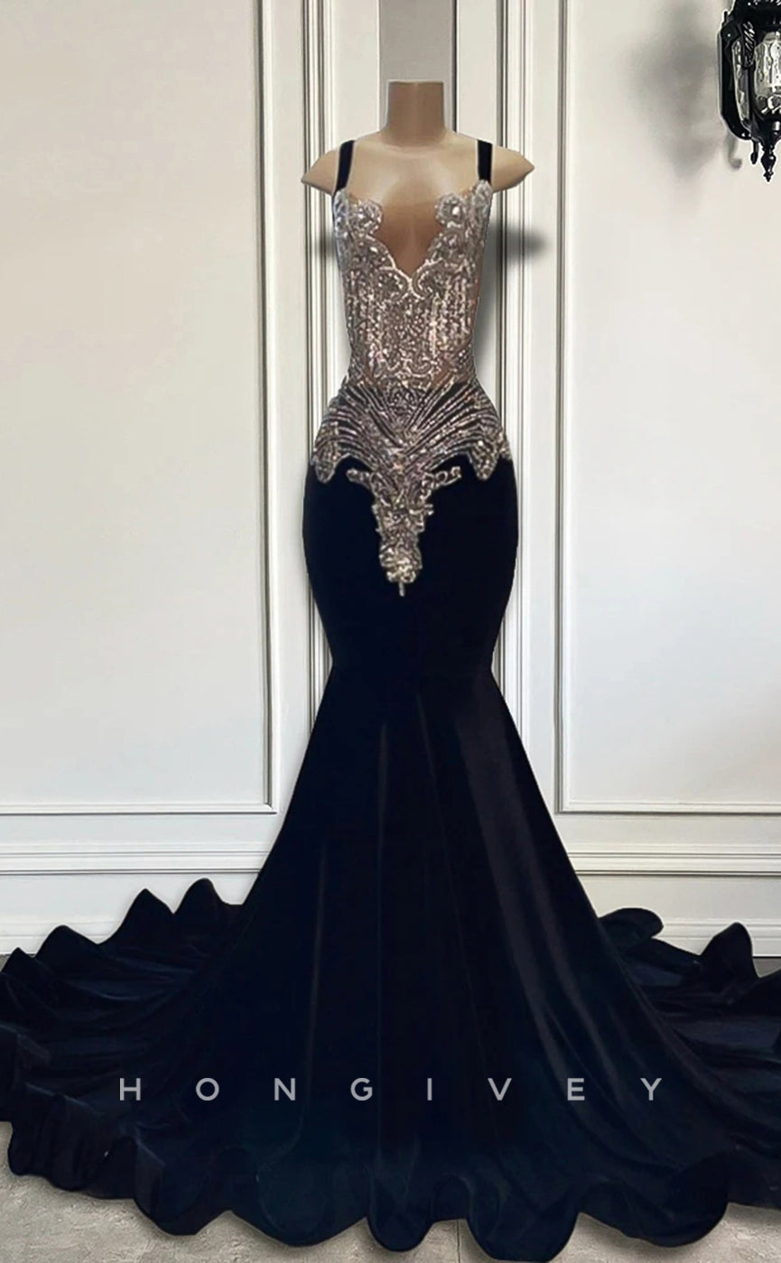 L2895 - Trumpet Bateau Spaghetti Straps Beaded Appliques Party Prom Evening Dress For Black Women - Fashionpara