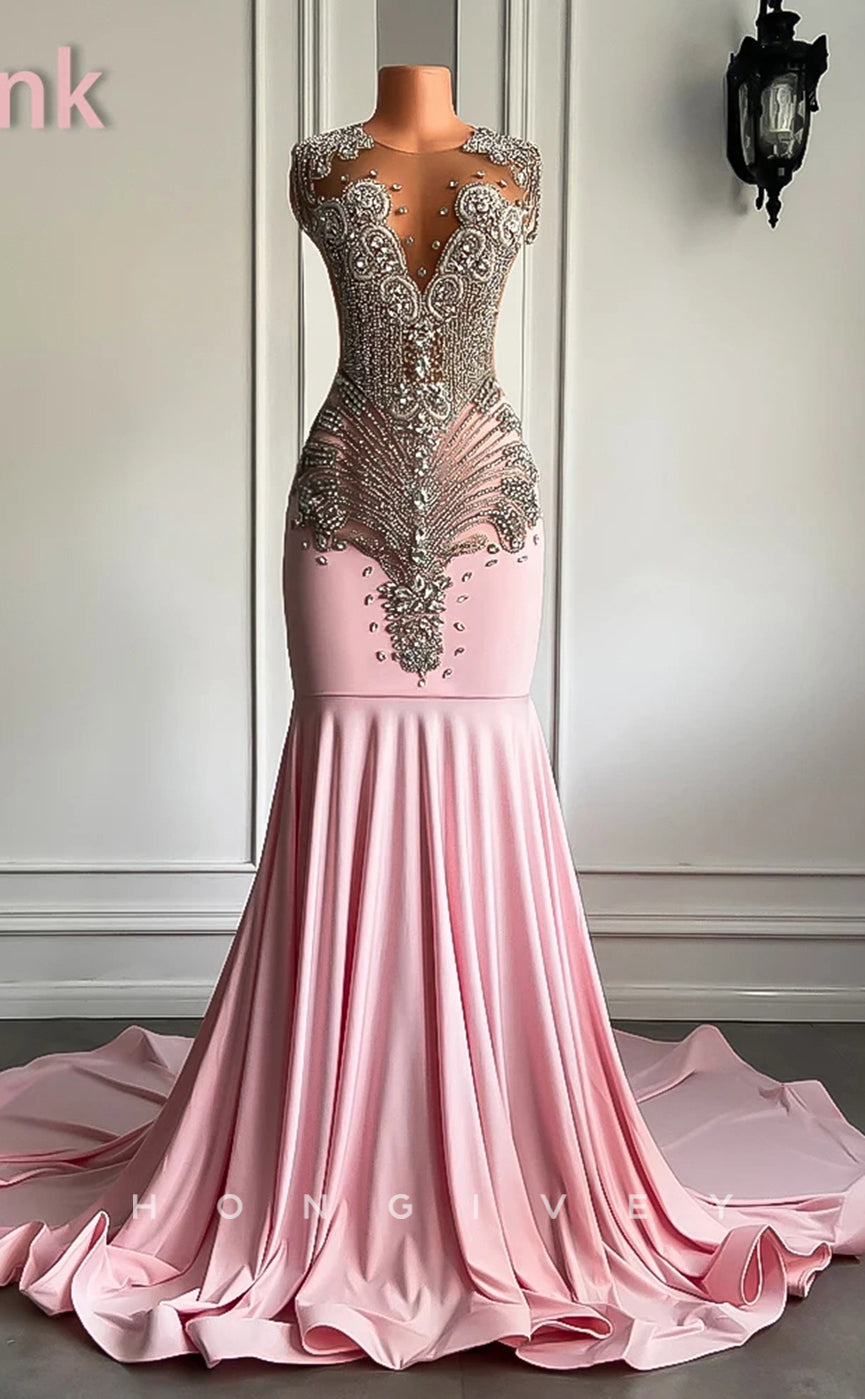 L2899 - Sparkly Trumpet Round Beaded Appliques Party Prom Evening Dress For Black Women - Fashionpara