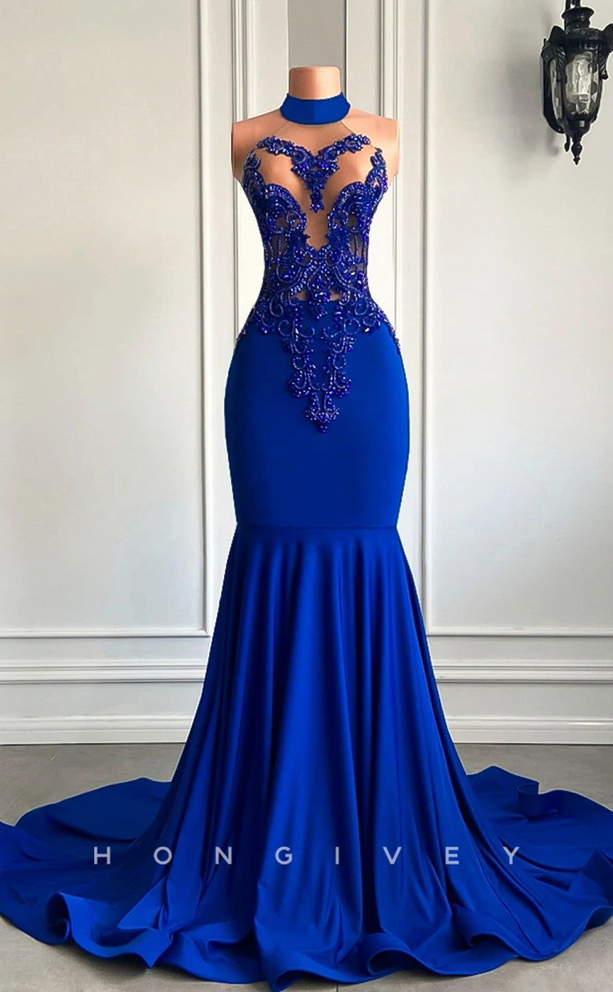L2901 - High Neck Sleeveless Illusion Beaded Appliques Party Prom Evening Dress For Black Women - Fashionpara