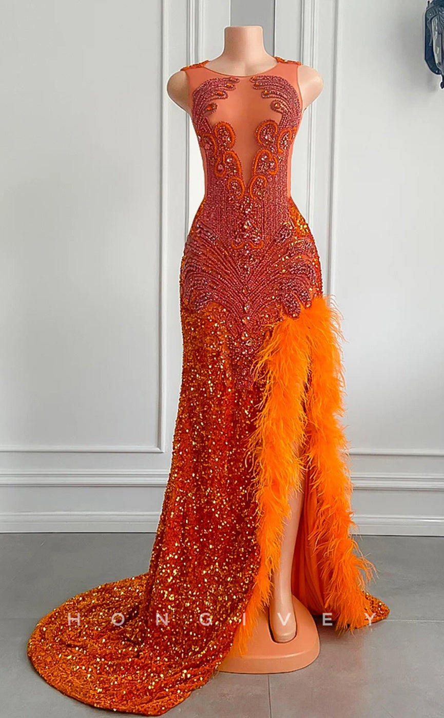 L2911 - Chic Trumpet Beaded Sequined Feathers Party Prom Evening Dress For Black Women - Fashionpara