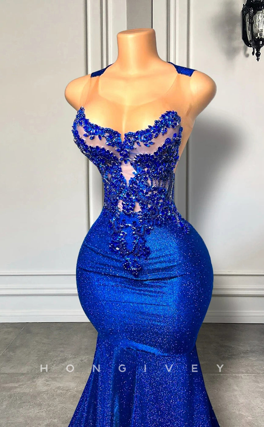L2900 - Scoop Illusion Beaded Sleeveless Trumpet Party Prom Evening Dress For Black Women - Fashionpara