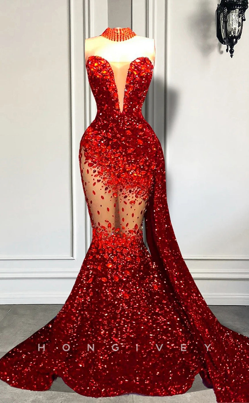 L2898 - Sweetheart Strapless Beaded Illusion With Train Party Prom Evening Dress For Black Women - Fashionpara