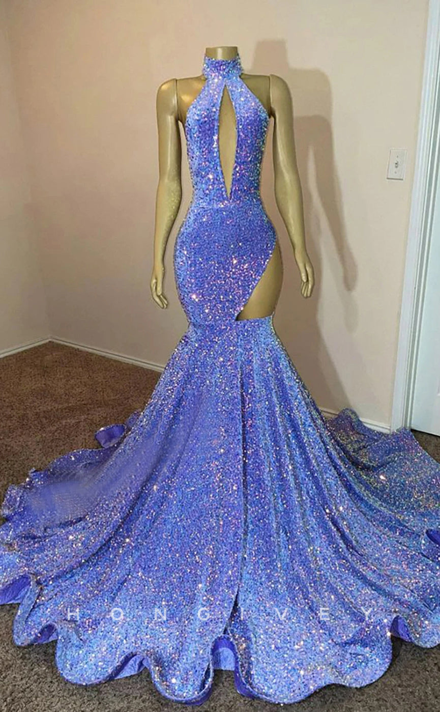 L2902 - High Neck Sleeveless Illusion Sequined Trumpet Party Prom Evening Dress For Black Women - Fashionpara