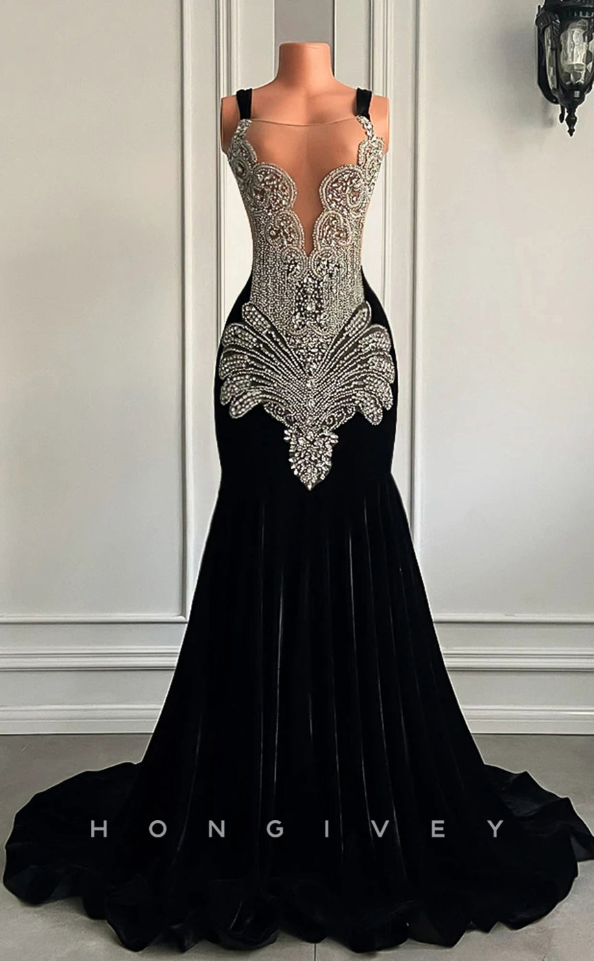 L2895 - Trumpet Bateau Spaghetti Straps Beaded Appliques Party Prom Evening Dress For Black Women - Fashionpara