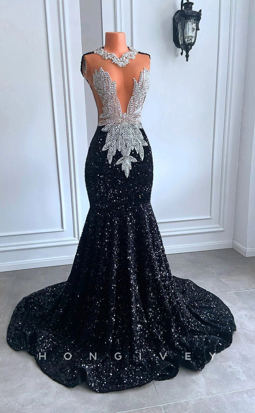 L2905 - Chic Trumpet Illusion Beaded Sequined Party Prom Evening Dress For Black Women - Fashionpara