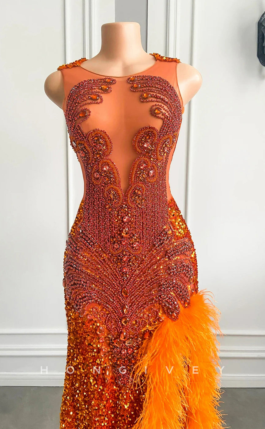 L2911 - Chic Trumpet Beaded Sequined Feathers Party Prom Evening Dress For Black Women - Fashionpara