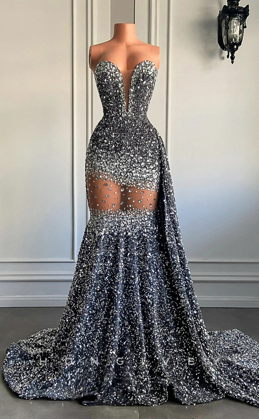 L2898 - Sweetheart Strapless Beaded Illusion With Train Party Prom Evening Dress For Black Women - Fashionpara